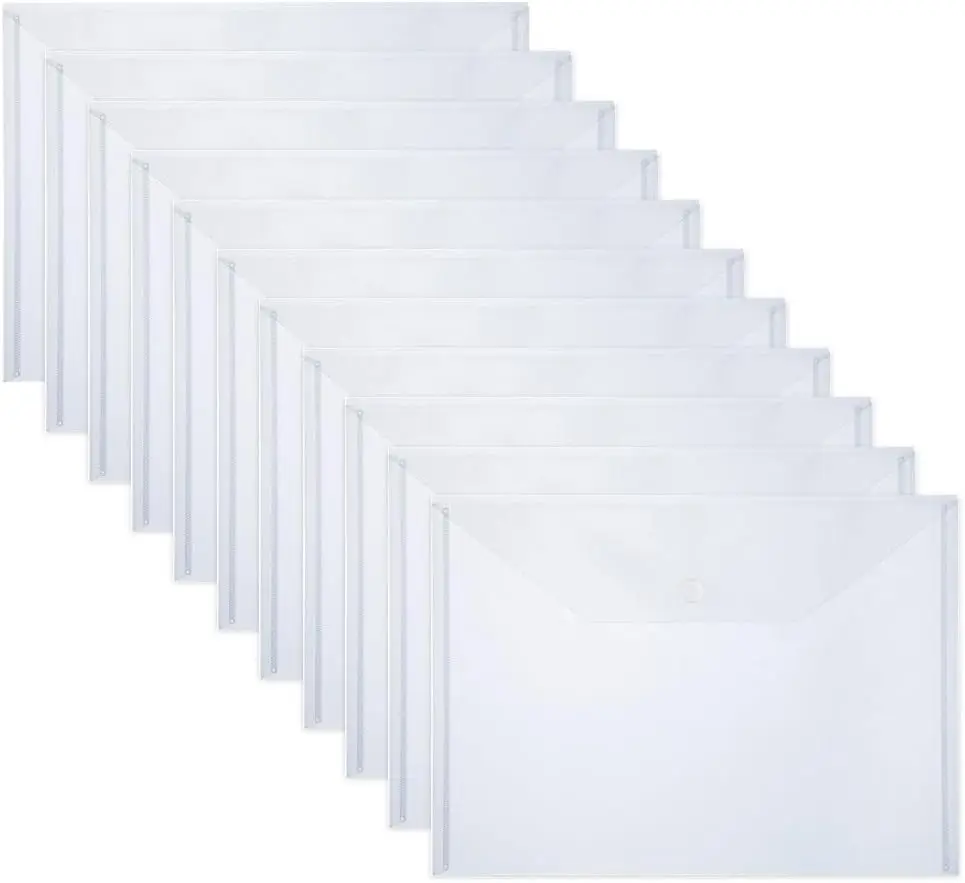 10 dossiers en plastique pour documents, enveloppes en plastique format A4 avec fermeture à pression, sacs de dossiers de fichiers transparents pour l'école et le bureau
