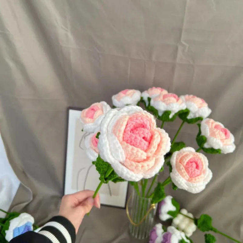 Artificial Flowers 1pc Crocheted Flowers Artificial Bouquets Handmade Rose Sunflower Tulips Wedding Party Decor Birthday Gift