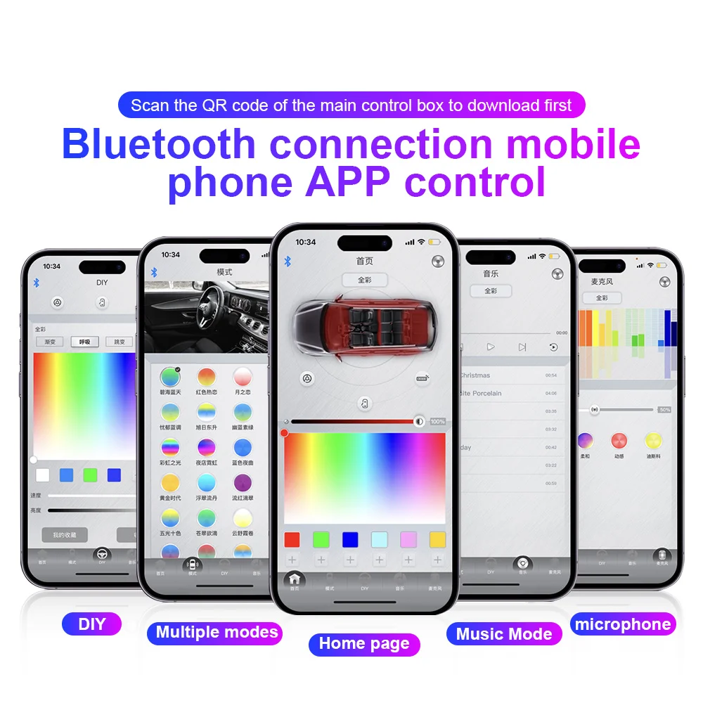 LED 자동차 주변 조명 RGB 64 색 아크릴 광섬유 가이드 라이트 스트립, 자동차 인테리어 장식, 분위기 램프 앱