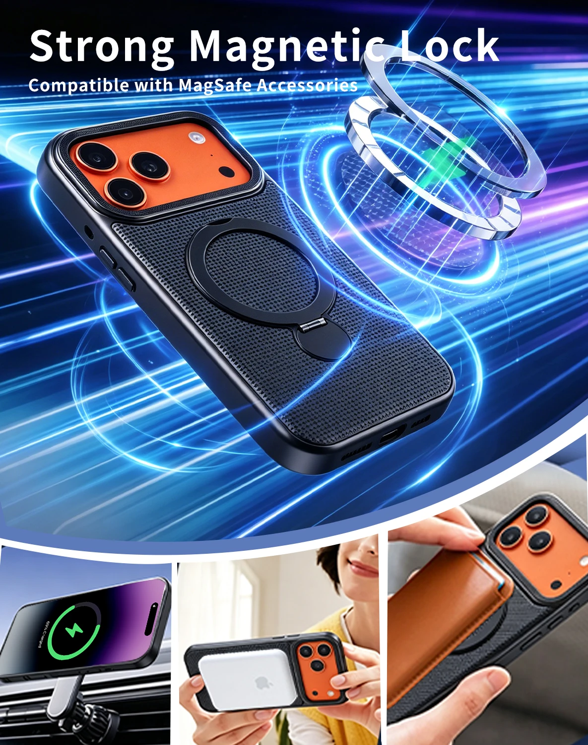 Textured Magnetic Ring Stand Phone Case with 360° Rotation & Wireless Charging Compatibility