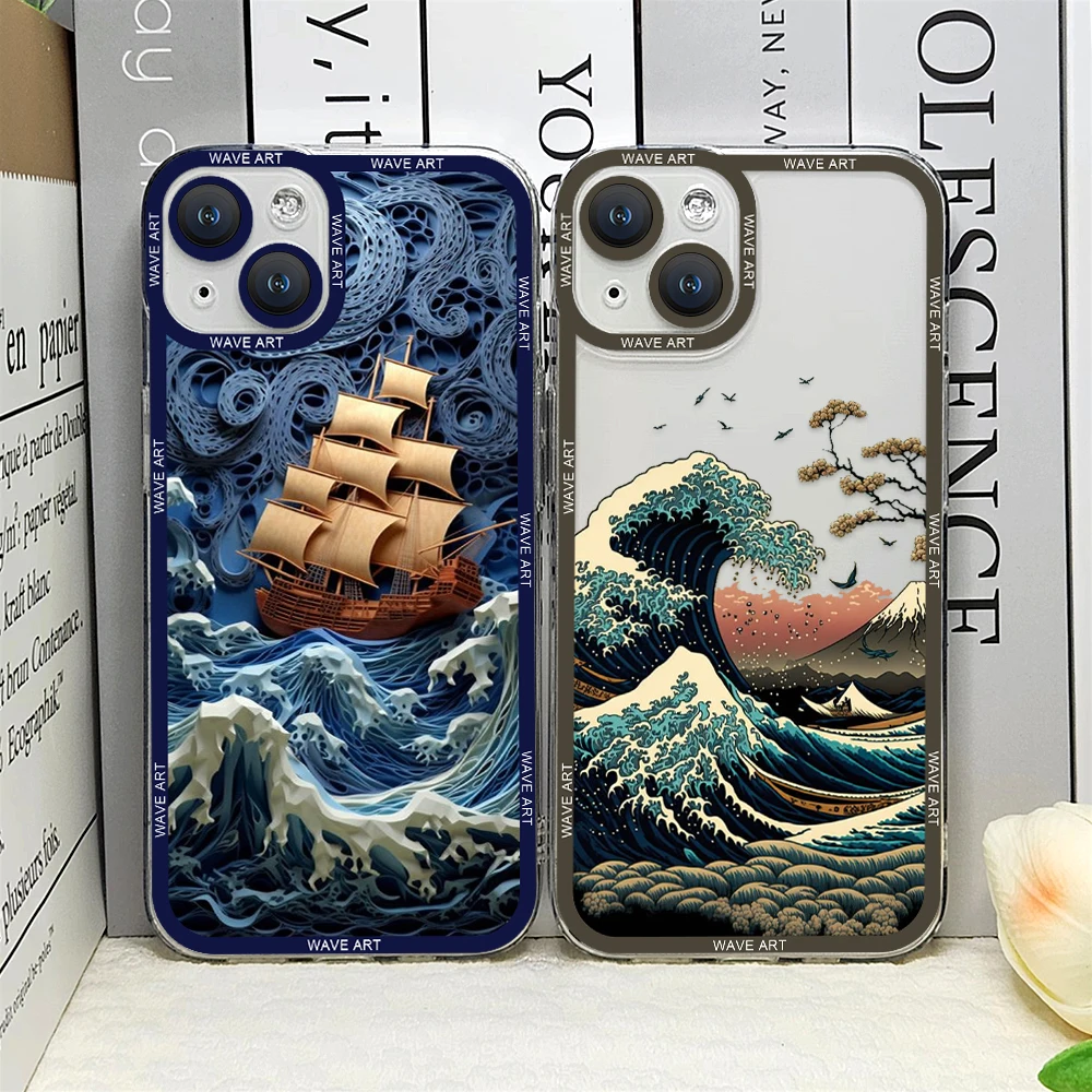 Japanese Landscape Waves Art Phone Case for IPhone 16 15 14 13 12 Mini 11 Pro Max X XR XS SE2 7 8 16 Plus Soft Transparent Cover