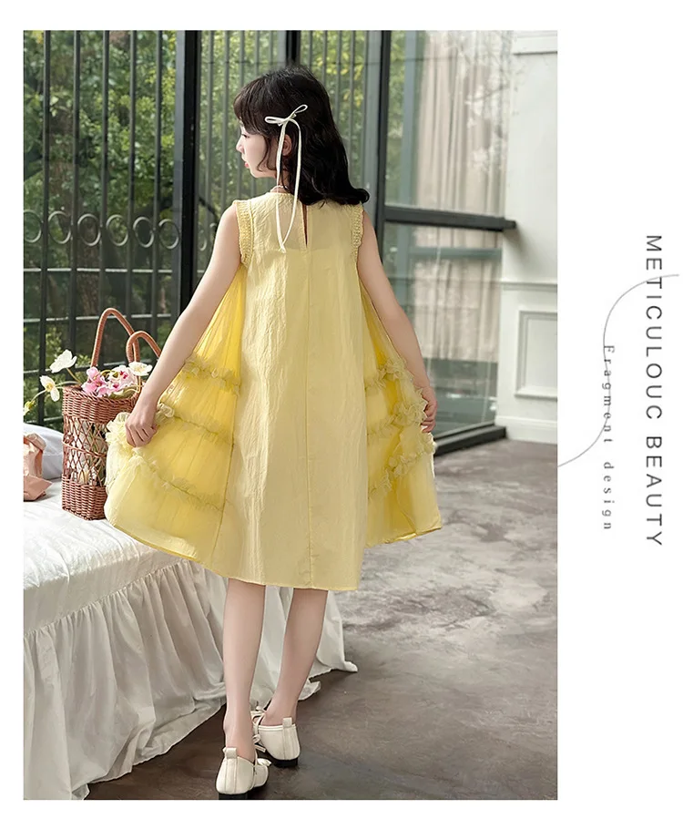Sweet Girls Dress Summer New Children Loose Mesh Patchwork Princess Dress Birthday Wedding Party Teen Kids Clothes