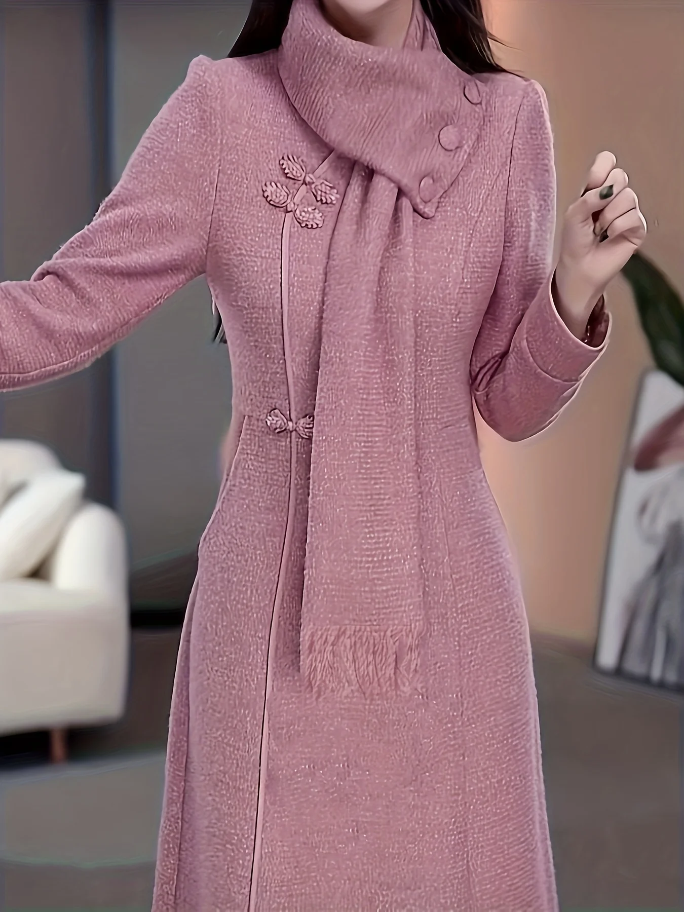 Damen Rosa Cheongsam-Stil Wollkleid Langarm Hochgeschlossen Elegantes Winter Maxikleid