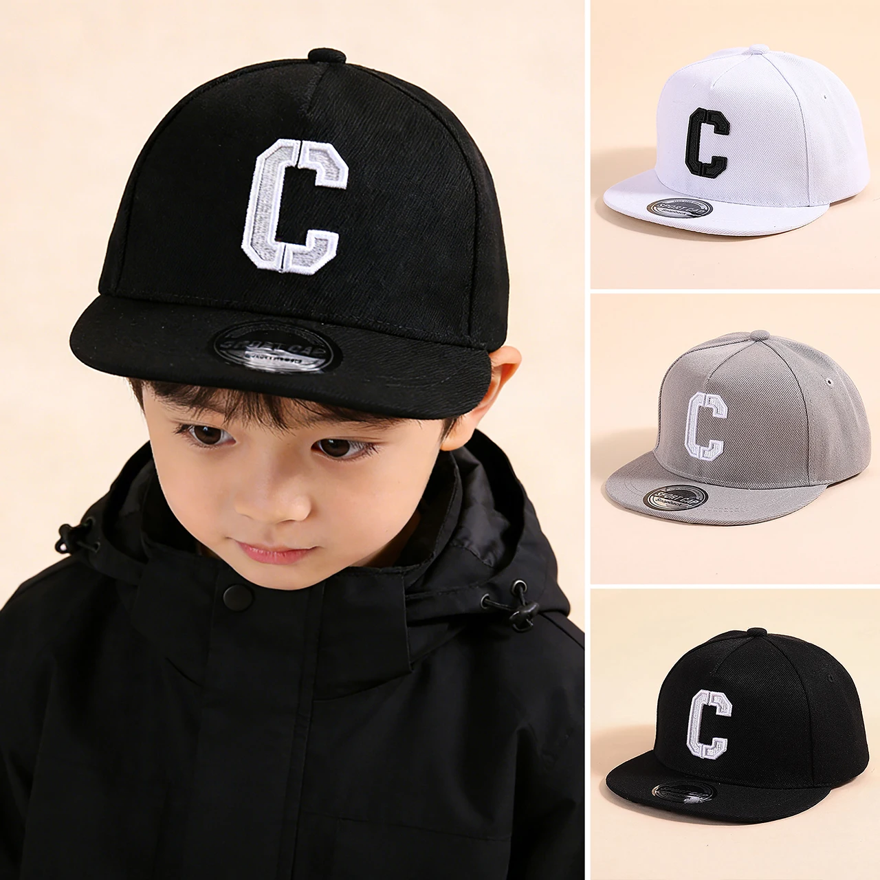 Children's Embroidered Snapback Cap - Flat Brim Solid Color Sun Hat