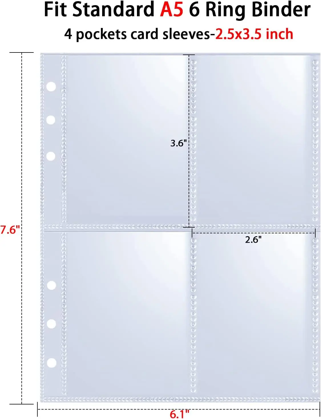 A5 Size 4 Pocket Trading Gaming Card Sleeves Double Side Storage Album Binder Pages Card Collection Holders 3/6 Ring Binders