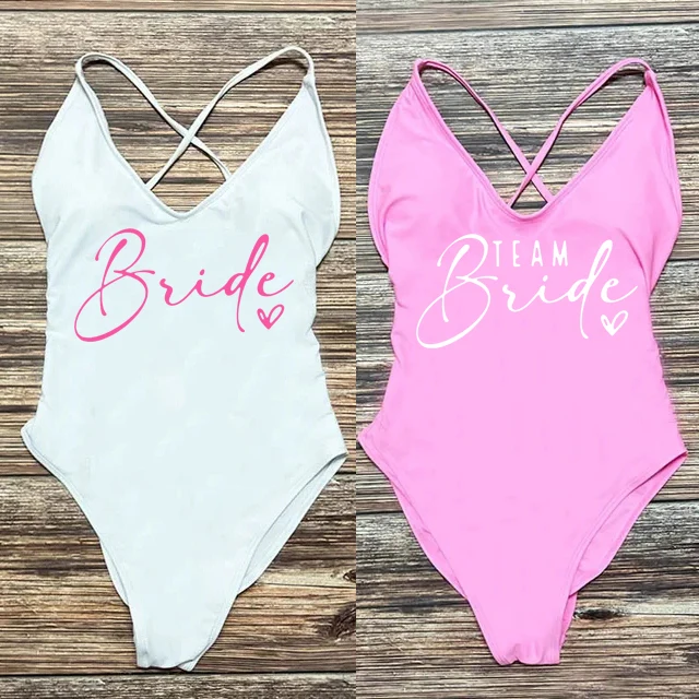 

Rose gold Print One Piece Swimsuit Team Bride love Sexy Bathing Suit Padded Swimwear Women BIkini Bachelor Party Swim Beachwear