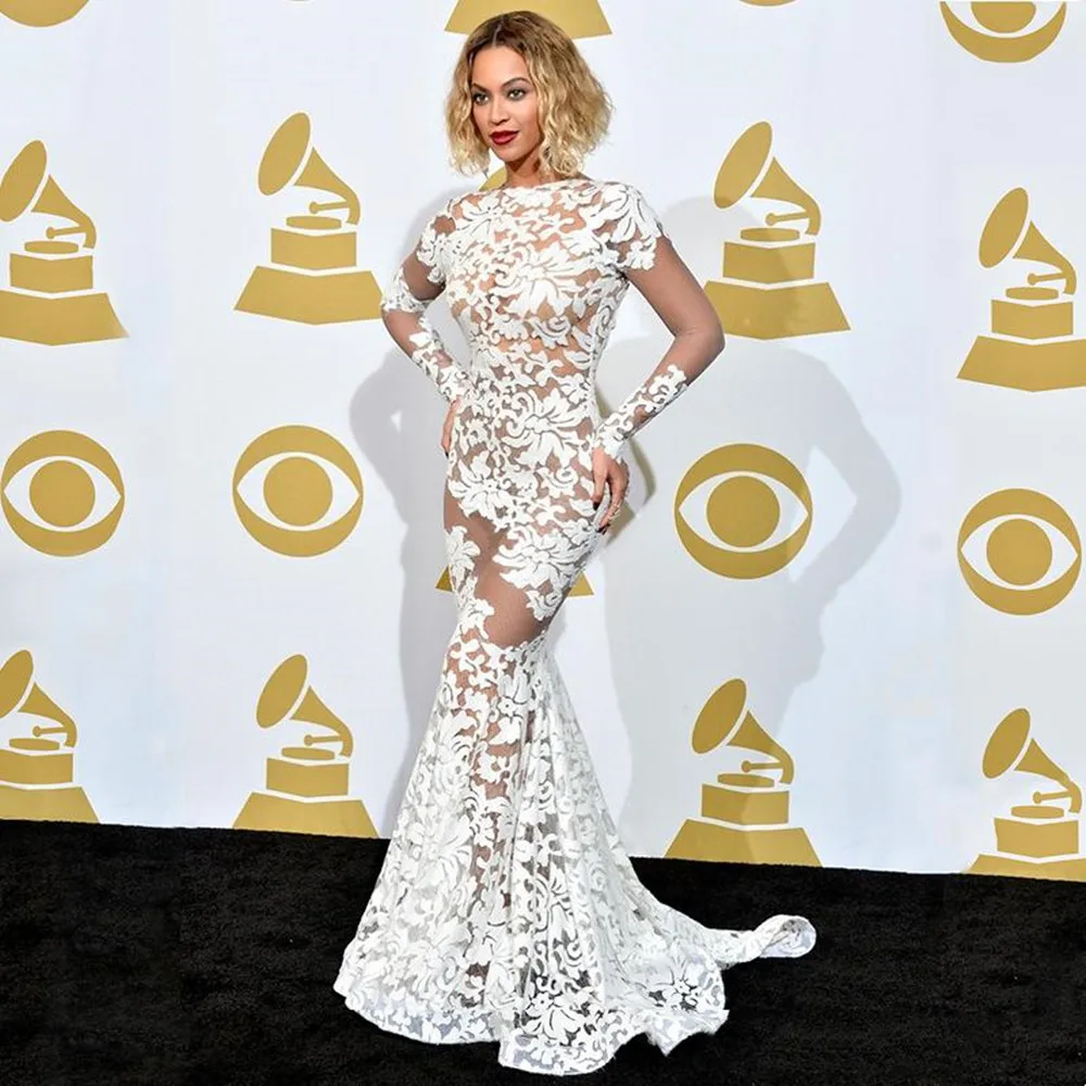 

Beyonce In Lace Applique Grammy Awards Red Carpet Celebrity Dresses Long Sleeve Sheer Evening Backless Prom Gowns