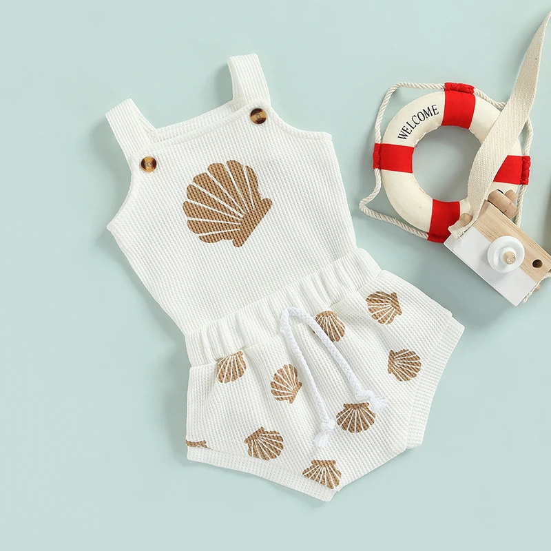 Baby Summer Clothing Sets kids clothes set two piece set baby girl clothing set shorts suit 0-18M Toddler Infant Boys Girls Shell Print Strap Button Plaid Knitted Bodysuits + Shorts Tracksuits