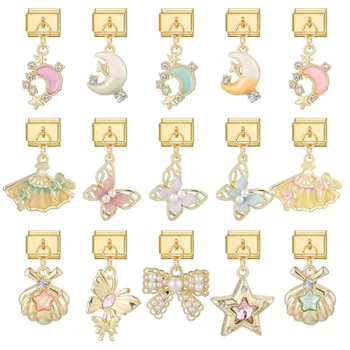 Golden Charm Shell Butterfly Star Moon Cherry Italian Charm Links Fit 9mm Bracelet Stainless Steel DIY Jewelry Making Wholesale 1