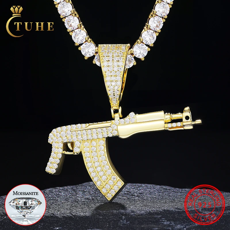 

Rapper's Punk Style 18K Gold Plated 925 Sterling Silver VVS Moissanite Diamond Iced Out AK47 Pendant For Men