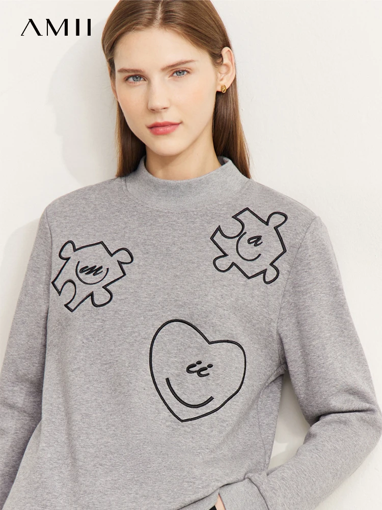 

AMII Minimalism Sweatshirts Women 2022 Autumn Winter New Embroidery Fashion Loose Velvet Warm Commuter Half High Collar 12260077