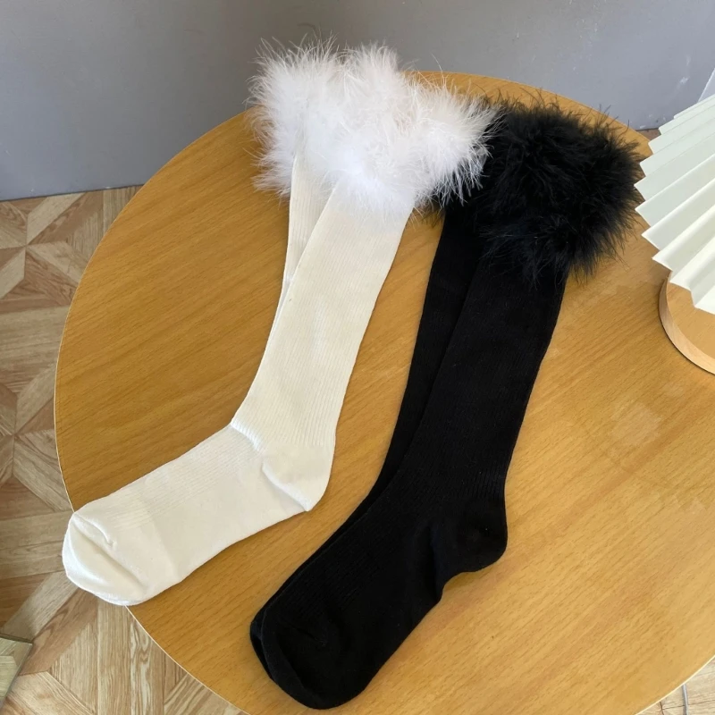 Japanese Women Girls Furry Feather Trim Knee High Socks Uniform Preppy Style Solid Color Boots Stockings Leg Warmer