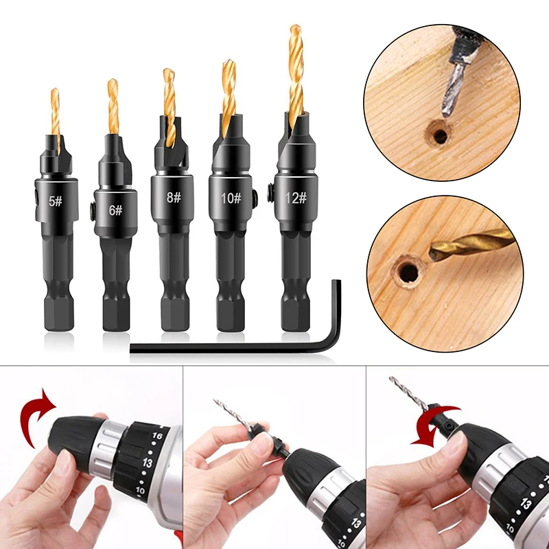 

5pcs Countersunk Drill Bit Set with Hexagonal Handle Woodworking Drilling Pilot Holes for Screw Sizes #5 #6 #8 #10 #12