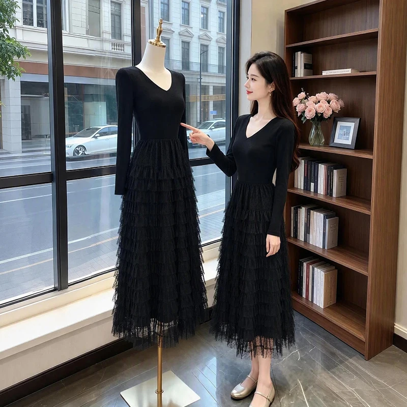 Southeast Asian Women's V-neck Long Sleeve Bodycon Dress Autumn Fashion Goddess Style Midi Skirt Mesh Splice Large Swing Dress