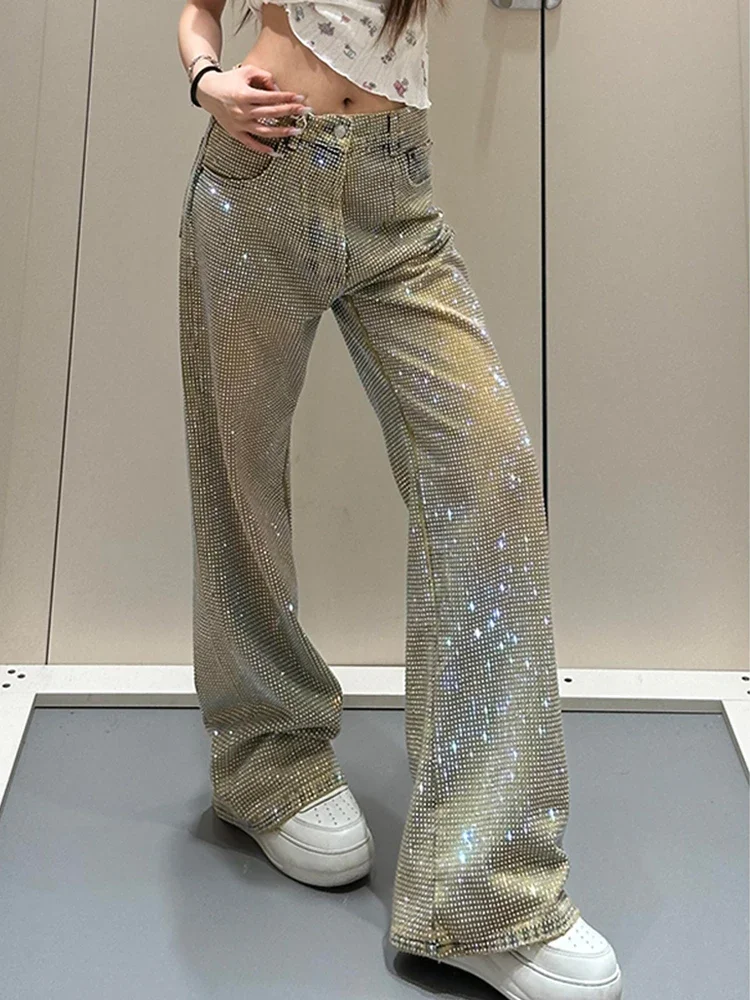 Y2K Women Diamond Jeans Spicy Girl Design Summer Spring New Style Personality Star Print Niche Straight Leg Long Pants 1