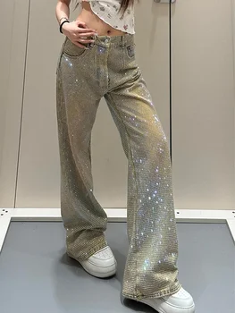 Y2K Women Diamond Jeans Spicy Girl Design Summer Spring New Style Personality Star Print Niche Straight Leg Long Pants 1