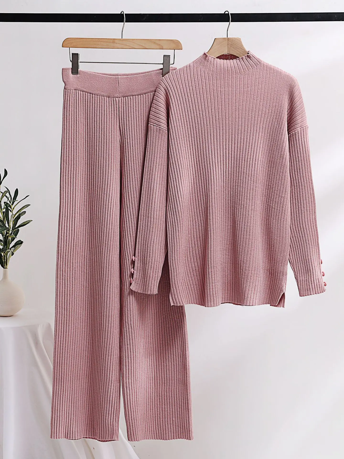 Autumn Winter 2 Pieces Women Sets Loose LargeSize Solid Color Knitted Tracksuit Turtleneck Sweater+ Straight Jogging Pants Suits