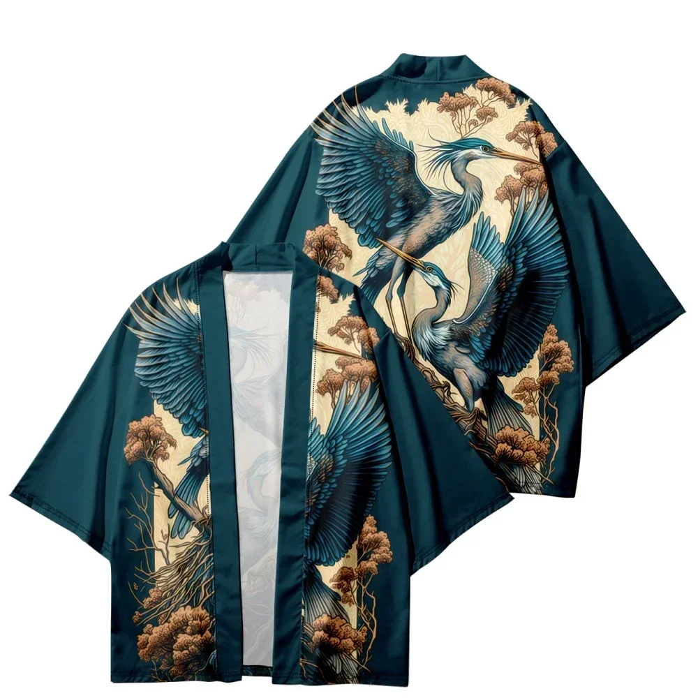 Japanese Crane Pattern Casual Kimono Summer Beach Haori Cardigan Yukata Tops Retro Samurai Harajuku Oversized Men's Clothing