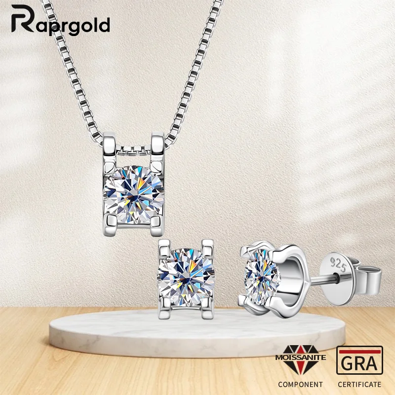 RAPRGOLD GRA Moissanite Necklace Earring Set for Women S925 Sterling Silver Stud Earrings Round Pendant Necklaces Jewelry Gifts