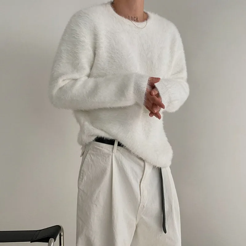 

SYUHGFA Trend Men Sweater Mink Wool Pullovers Fashion 2024 Winter Thickened Loose Round Collar Knit Tops Personlity Clothing