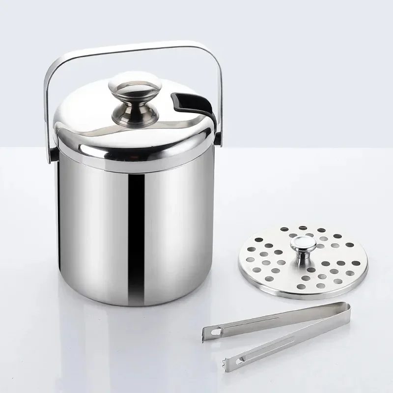 Ice Bucket with Tongs Double Wall Strainer Handle Home Bar Parties Beer Champagne Stainless Steel Chilling Cooler Buckets 1.3L
