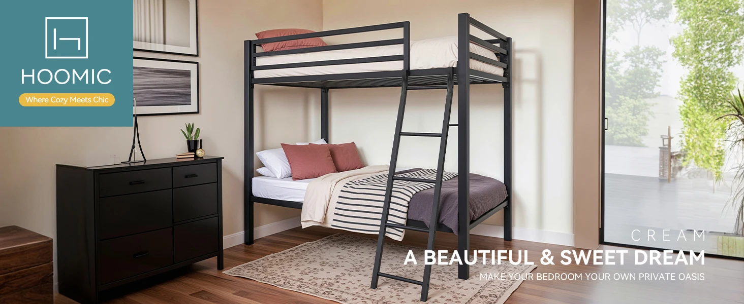 HOOMIC Heavy-Duty Metal Bunk Bed Frame Twin Over Twin, Full Length Guardrails, Space-Saving, Sturdy Metal Support Allewie
