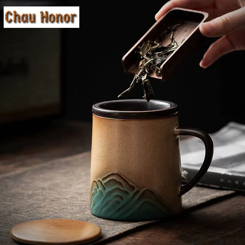 280ml Retro Distant Hills Coarse Pottery Filter Tea Separator Cup Zen Tea Mug with Infuser Tea Brewing Office Water Cup Craft