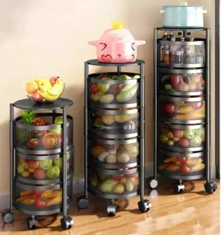 Kitchen Storage Round Rotating Trolley Fruit Vegetable Floor Shelve Installation-free Racks Multi-storey Snack Flavoring Basket storage rack