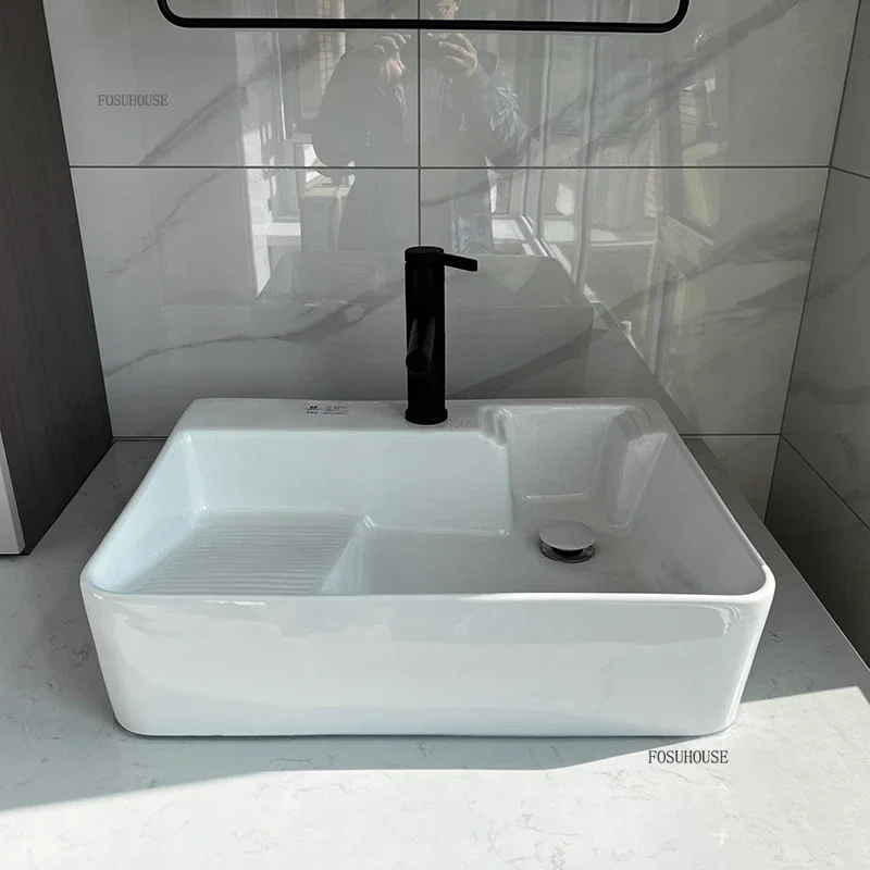 European Above Counter Basin Bathroom Sinks Washing Machine Cabinet Side Drainage Washbasin with Washboard Balcony Small Size