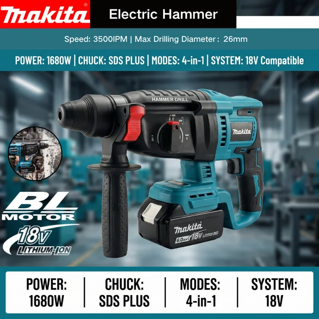 Makita DHR242 26MM Marteau perforateur sans fil, marteau électrique sans balais, batterie au lithium 18V, perceuses sans fil pour outils électriques Makita 18v ﻿ 1