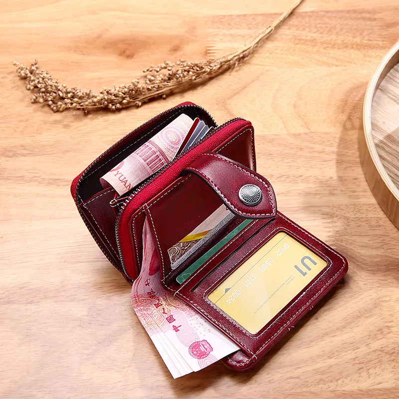 Women Vintage Oil Wax Leather Short Wallet Zipper Small Coin Pouch Two-fold Hasp Mini Purse Card Holder Ladies Fashion Clutch 3