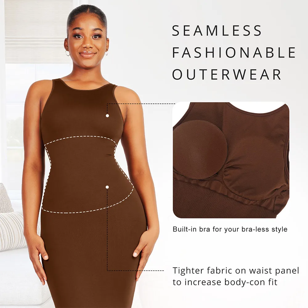 Shaping Bodysuit Tummy Control Seamless Backless Built-In Shapewear Modal Lounge Long Slip Dresse
