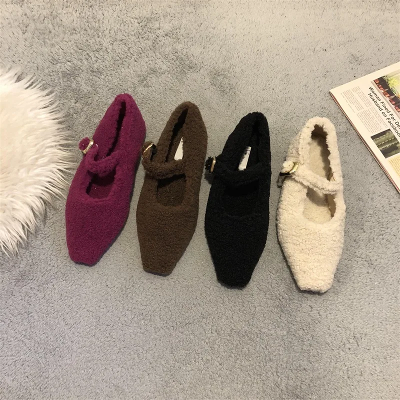 

Loafers Fur Shallow Mouth Shoes Woman Flats Casual Female Sneakers Autumn Square Toe Dress Winter Fall New Pointed Toe Buckle St
