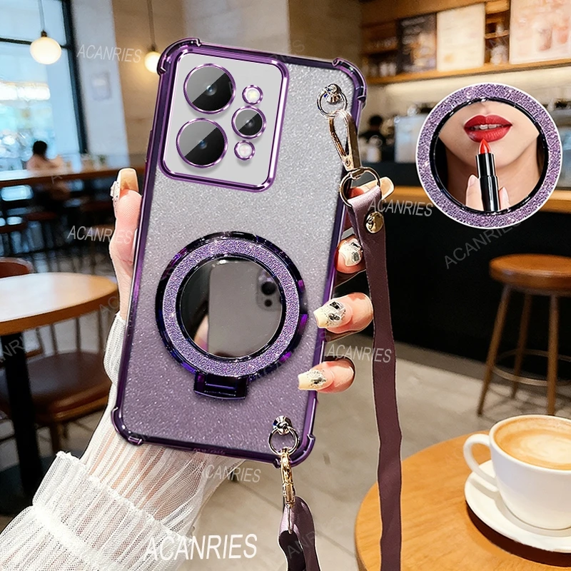 Crossbody Lanyard Anti-Shock Case with Makeup Mirror Stand Cover