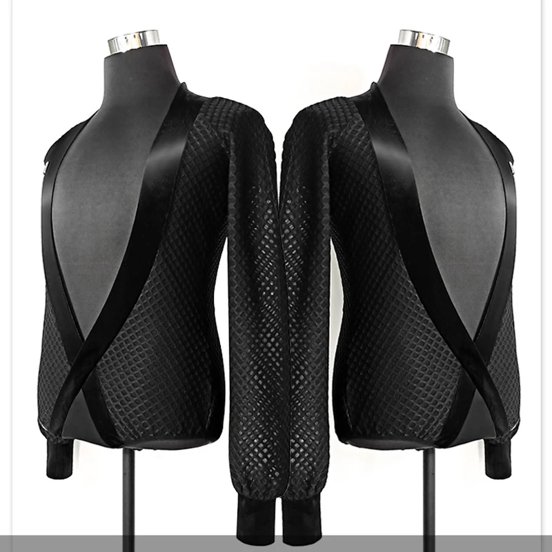 

Men's Long Sleeve One Piece Black Big V Latin Top Stretch Mesh Dance shirts ballroom latin dance performance costumes DN11745