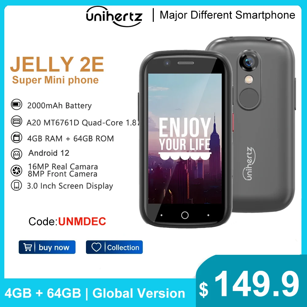 Смартфон Unihertz Jelly 2E Super Mini, Android 12, разблокированный телефон 4 Гб 64 ГБ, телефон 2000 мАч 16 МП, 4g