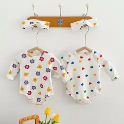 Fashion Baby Girl Colorful Heart Print Bodysuit Full Cute Flower Print Jumpsuit For Girl New Infant Toddler Cotton Clothes