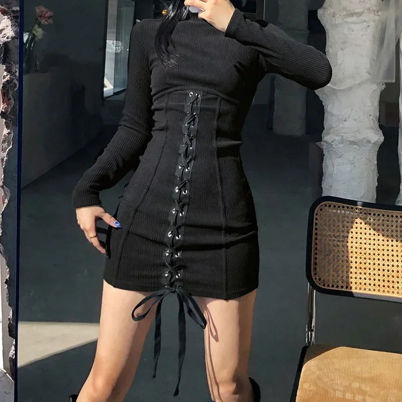 

Grunge Y2k Clubwear Baroque Femme Streetwear Sexy Elegant Dress Women Dark Black Mall Goth High Waist Bandage Slim Dress