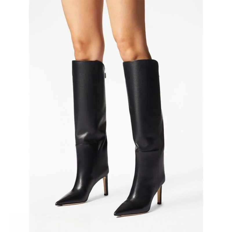 

Black Leather Women Knee High Boots Stiletto High Heels Long Ladies Shoes Belt Buckle Botas Mujer Winter Sapatos Feminino 2023