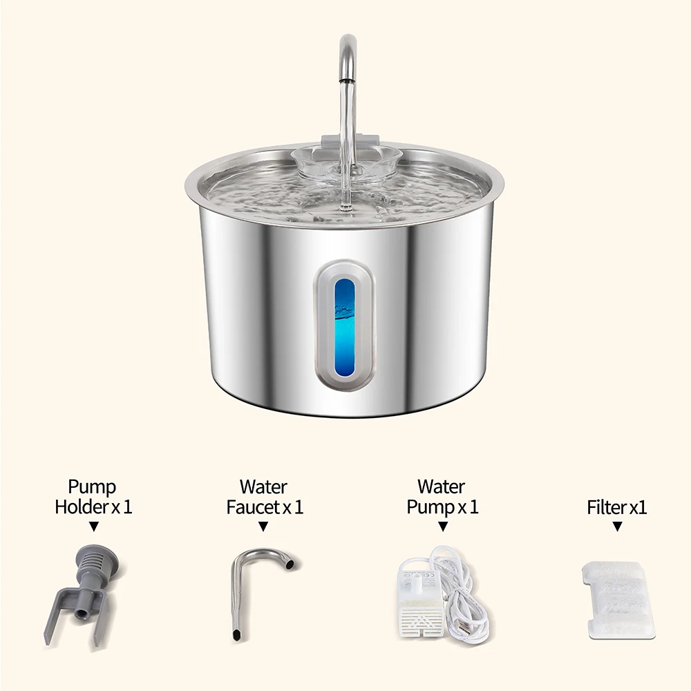 2,2 l Edelstahl-Katzenwasserbrunnen, Haustierwasserspender mit Filter, Hundetrinkbrunnen für Katzen, extrem leise Wasserpumpe