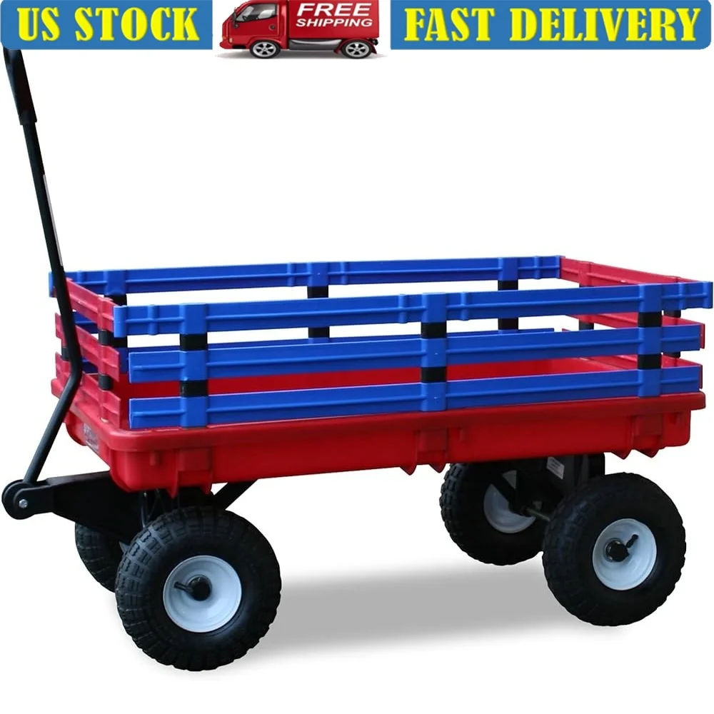 Plastic Garden Wagon with Removable Side Racks Pneumatic Tires Heavy Duty Hauling Capacity Outdoor Use Kids and Gardening