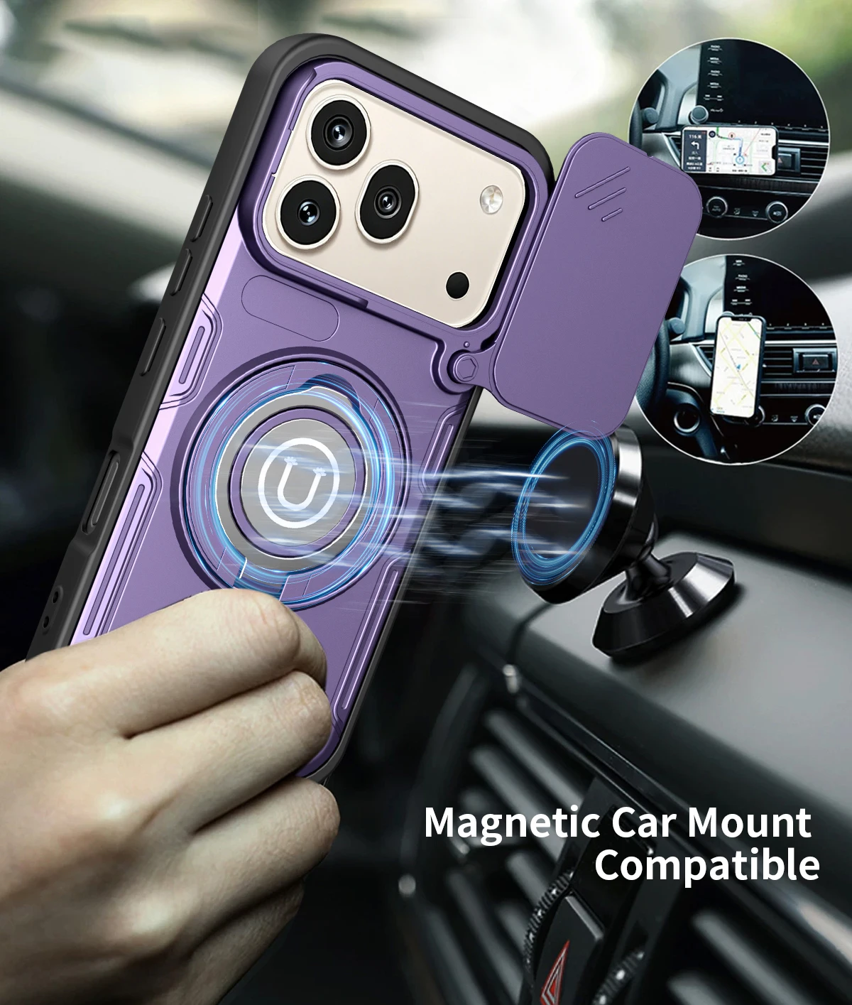 Magnetic 360° Ring Holder with Slide Camera Phone Case - Shockproof Stand Cover