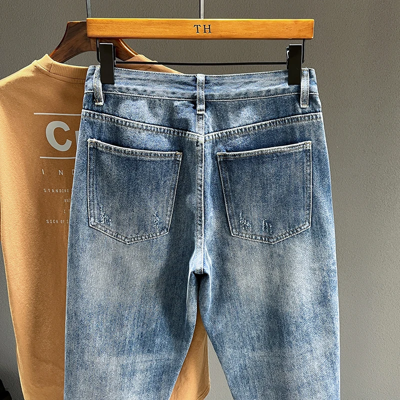 Ripped Jeans Men New Personality Fashion Vintage Blue Streetwear Baggy Denim Pants Casual Tapered Hole Frayed Trousers Male ripped jeans