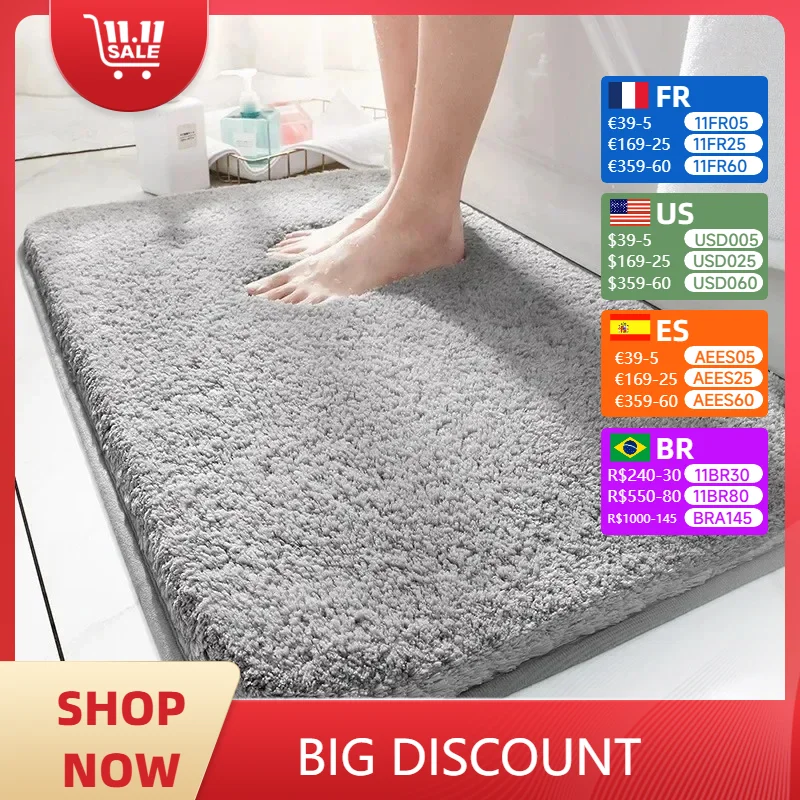 Thick Fluffy Plush Bathroom Mats, Absorbent, Bath Entrance, Non-Slip Floor Mat, White Rug, Gray Toilet Doormat, Thick, Soft