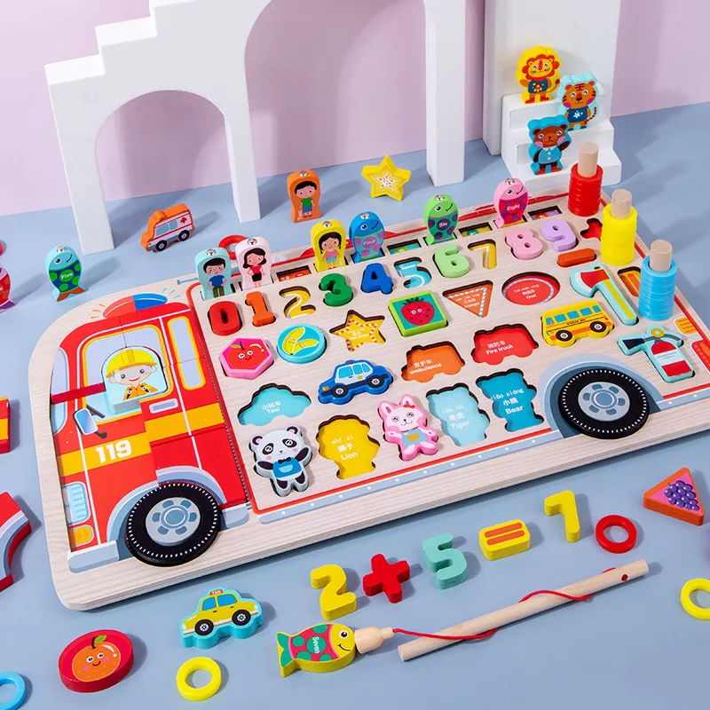 Montessori Educational Wooden Toys Preschool Children Fire Truck Busy Board  Math Fishing Games Early Toys For Kids Xmas Gifts