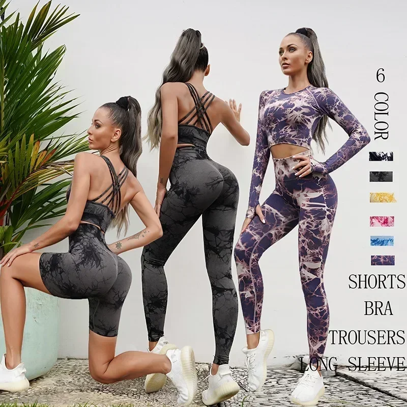 Seamless Tie-Dyed Yoga Sets Sports Fitness High Waist Hip Raise Pants Cutout Bra Suit Workout Clothes Gym Leggings Set For Women yoga set sports set gym workout set sportswear set fitness set sports bra set yoga pants set