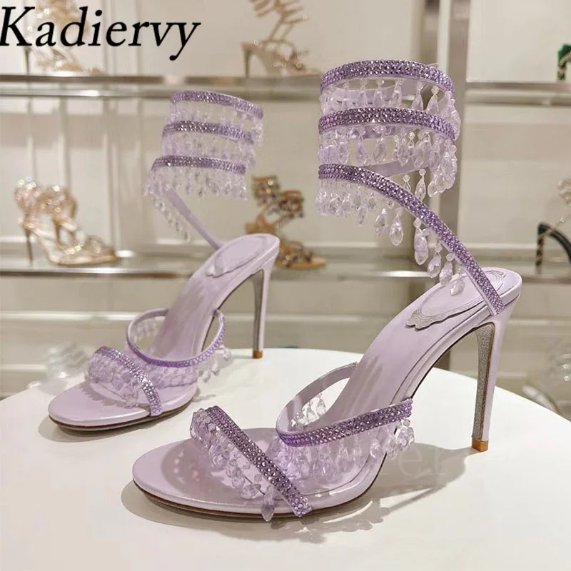 Sexy High Heels Sandals Woman Crystal Pendant Snake Twine Around Twine Ankle Strap Party Shoes Summer Gladiator Sandals Women