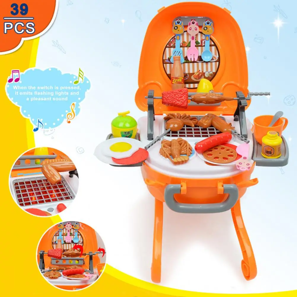 

Toy Grill for Kids Bbq Toy Sets for Kids Portable Suitcase Design Simulation Kitchen Play House Toys with Tableware Grill Skills