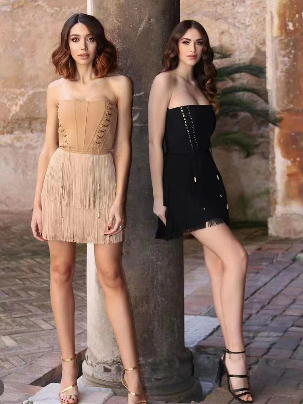 

2023 Summer New Women's Sexy Strapless Lace Up Tassel Mini Bandage Dress Bodycon Celebrity Club Party Dress Vestidos