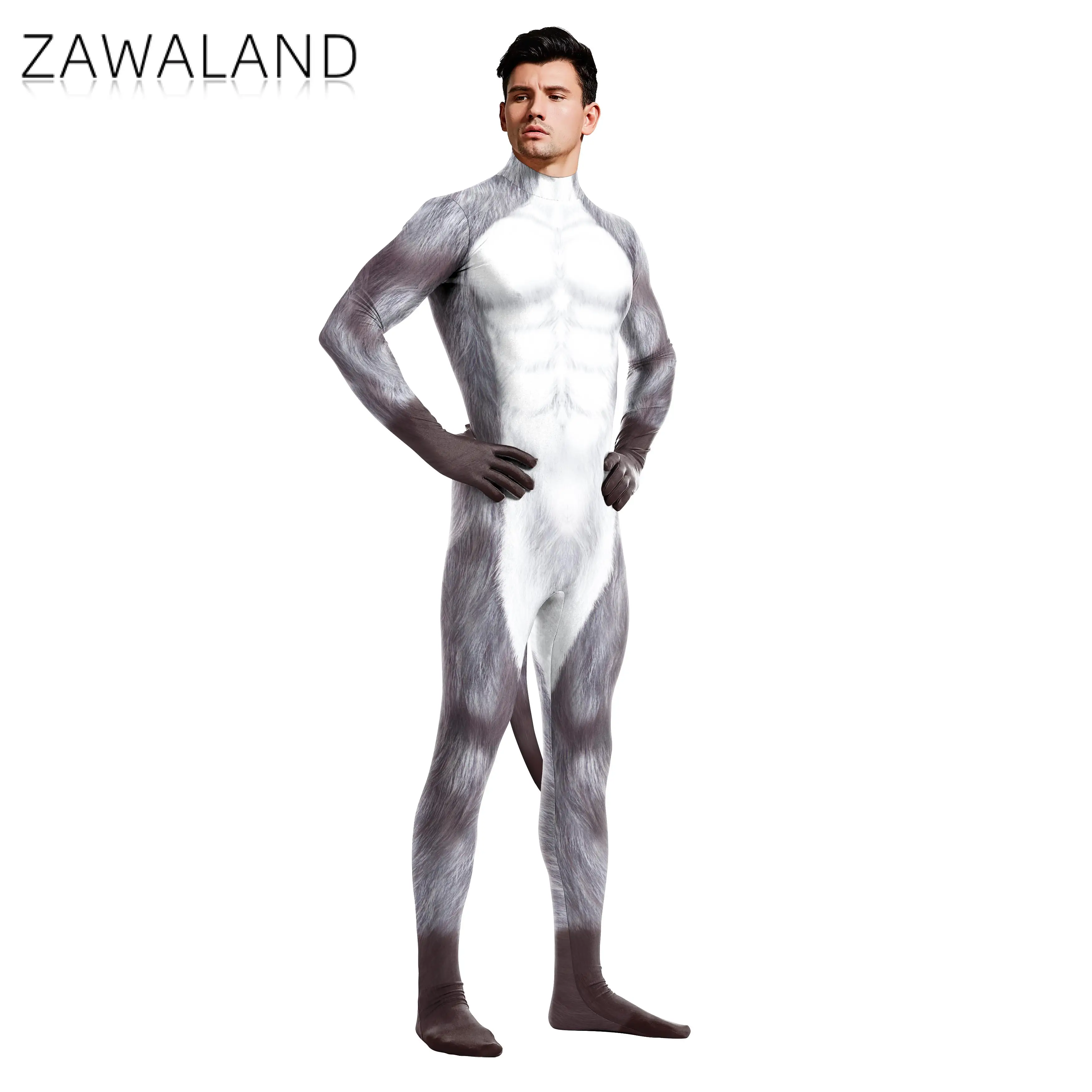 Zawaland Halloween Carnival Cosplay Snow Wolf 3D Printed Jumpsuit Long Sleeve Tight Catsuit Costumes Zentai Bodysuit with Tail cosplay costume